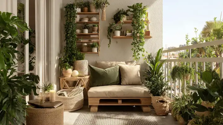 Balcone boho con divanetto in pallet e mensole verdi Balcone piccolo in stile boho con divanetto in pallet, mensole a scaletta con piante e cesti in vimini