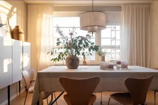 Sala da pranzo in stile arredamento hygge con tavolo in legno, sedie color cuoio, lampada in tessuto e vaso di fiori