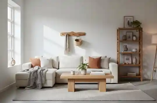 Soggiorno in stile arredamento hygge con divano beige, cuscini terracotta, tavolino e libreria in legno chiaro