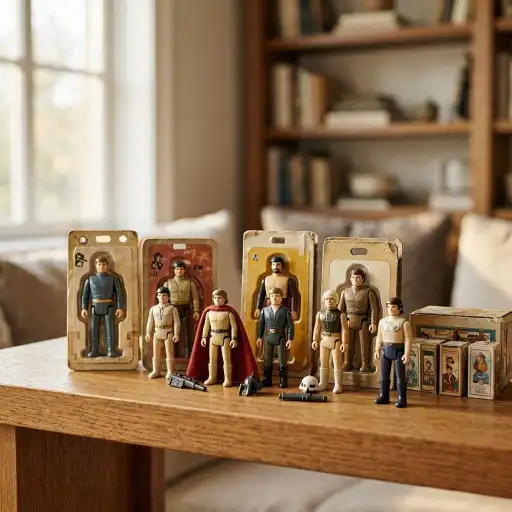 Collezione di action figure vintage con confezioni blister originali ingiallite, esposte su tavolo in legno con libreria sullo sfondo