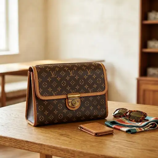 Borsa vintage in tela monogram e pelle con fibbia dorata, su tavolo in legno insieme a occhiali da sole tartarugati e portafoglio in pelle