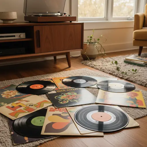 Collezione di dischi in vinile vintage con copertine colorate anni '70 sparsi su tappeto, giradischi mid-century sullo sfondo