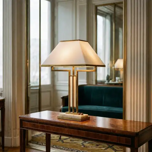 Lampada da tavolo vintage in ottone con paralume geometrico beige, su console in legno in ambiente elegante con specchio e divano velluto blu