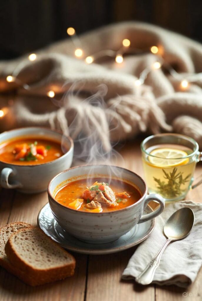 Zuppa calda e fumante con pane e tisana invernale su tavolo di legno, con plaid e lucine sullo sfondo, idea di cibi caldi e nutrienti per non soffrire il freddo