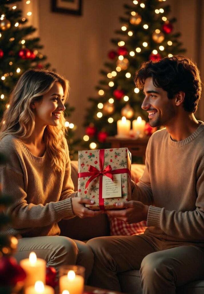 Coppia sorridente che si scambia un pacco con biglietto scritto a mano davanti all’albero, scena intima di regali di Natale pieni di pensiero