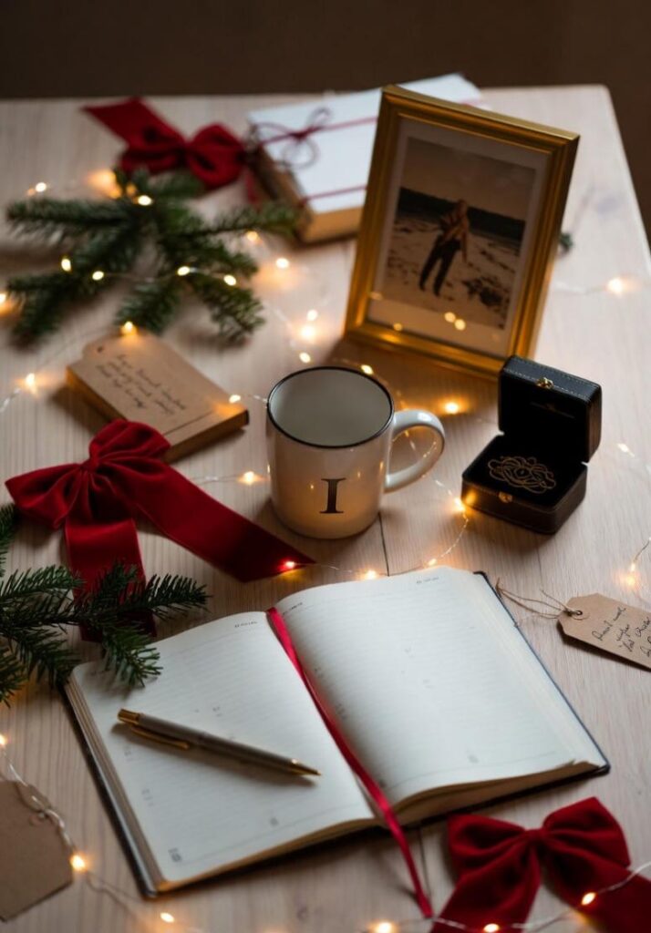 Flat lay natalizio con tazza personalizzata, foto incorniciata, agenda e cofanetto di gioielli, idee di regali di Natale personalizzati e pieni di significato