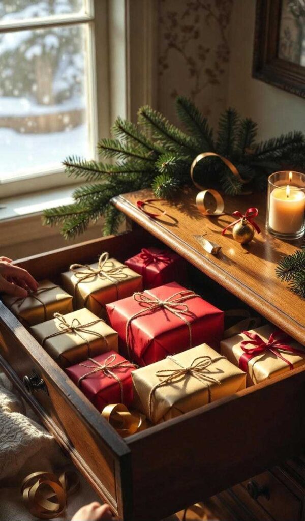 Cassetto di legno colmo di pacchetti regalo rossi e dorati, pronti per riciclare regali di Natale e creare un angolo organizzato per i doni futuri