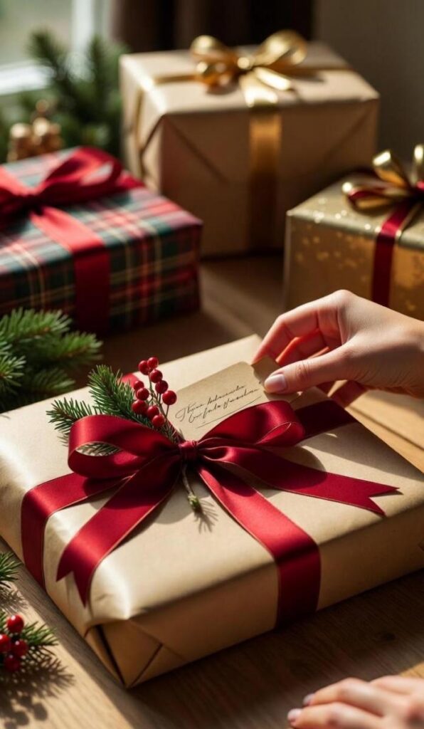 Mani che aggiungono un biglietto personalizzato su un pacchetto elegante con nastro rosso, perfetto per riciclare regali di Natale con stile