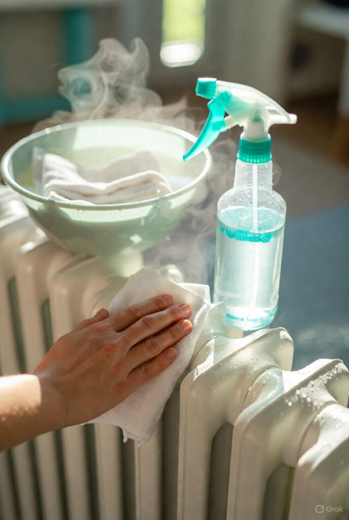Pulizia veloce termosifoni passo lavaggio: panno umido, spray sapone neutro e bacinella su termosifone bianco in ambiente luminoso