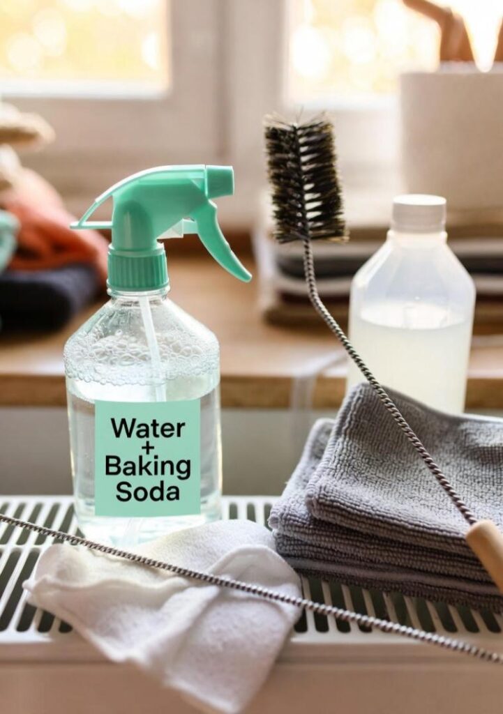 Pulizia veloce termosifoni strumenti: spray acqua bicarbonato, spazzola flessibile, panni microfibra e aceto su radiatore pronto all'uso