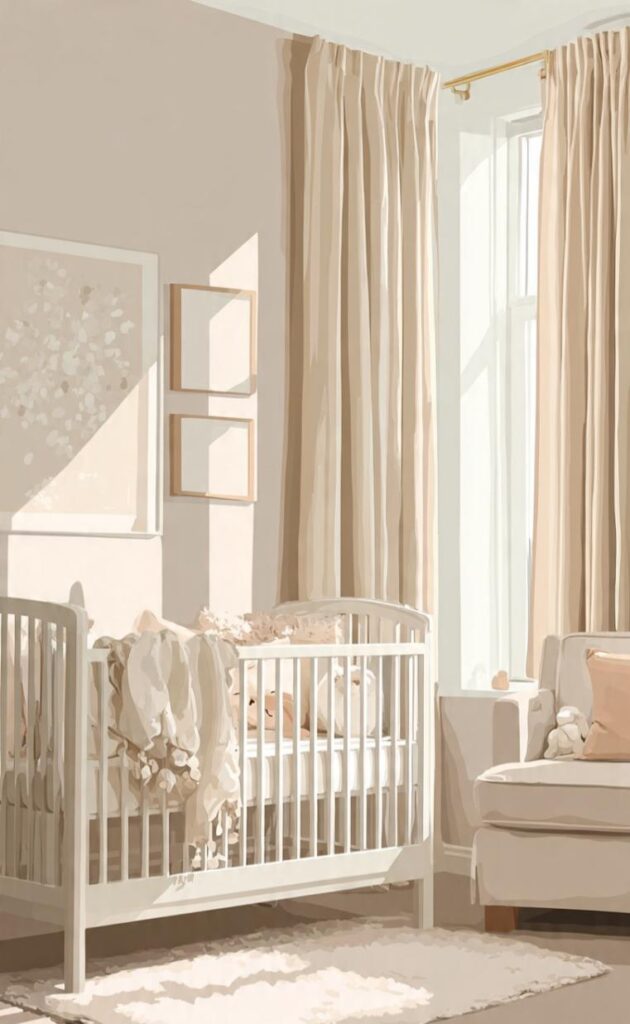 Arredare cameretta neonato in tonalità neutre beige crema bianco caldo grigio perla, lettino e tende morbide