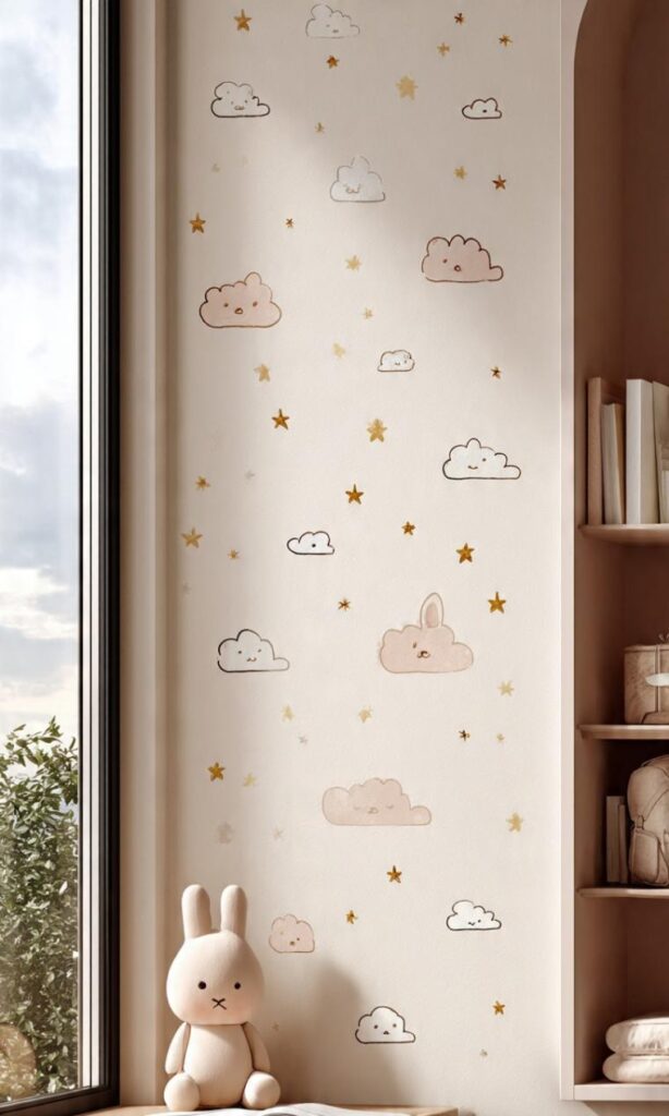 Arredare cameretta neonato: decorazioni murali minimal nuvolette stelle coniglietto rosa su parete bianca
