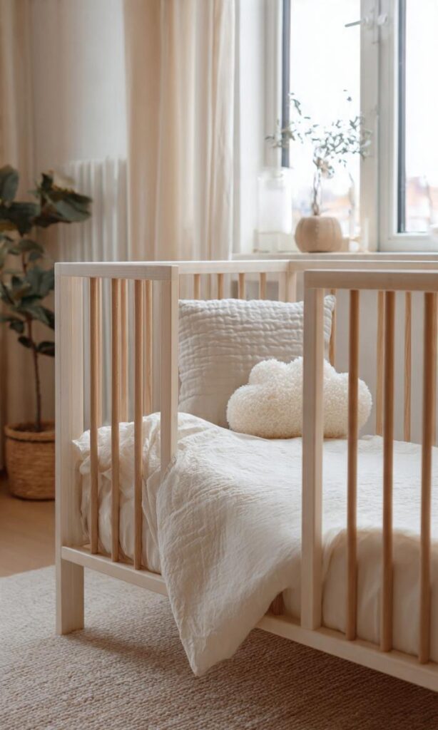 Arredare cameretta neonato: lettino legno bianco sponde regolabili materasso traspirante in stile scandinavo