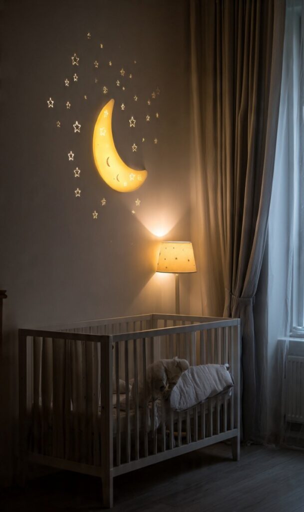 Arredare cameretta neonato: illuminazione morbida lampada calda luce notturna luna stelline sul muro