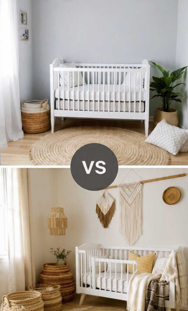 Arredare cameretta neonato: confronto stile scandinavo pulito vs boho chic con tappeti juta ceste vintage