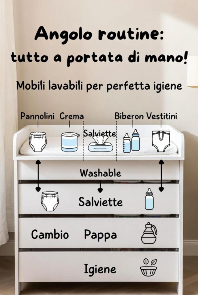 Arredare cameretta neonato: infografica angolo routine fasciatoio lavabile con pannolini salviette biberon
