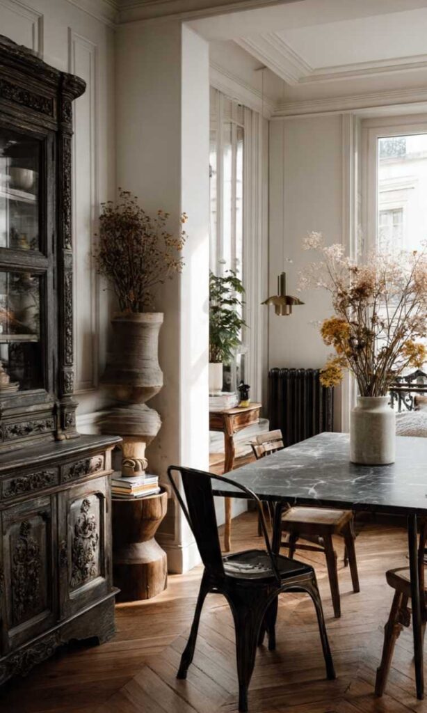 Arredare in stile parigino con mix mobili: credenza antiquariato legno, tavolo marmo nero, sedie metallo industriale e fiori secchi.
