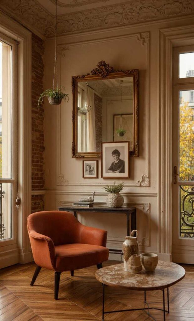 Arredare in stile parigino con angolo boho: poltrona velluto arancione, specchio antico dorato, foto moderne e parquet Haussmann.