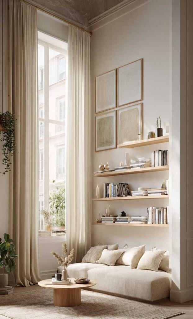 Arredare in stile parigino in piccolo appartamento: mensole sottili verticali, quadri alti, tende soffitto, divano basso e luce naturale.