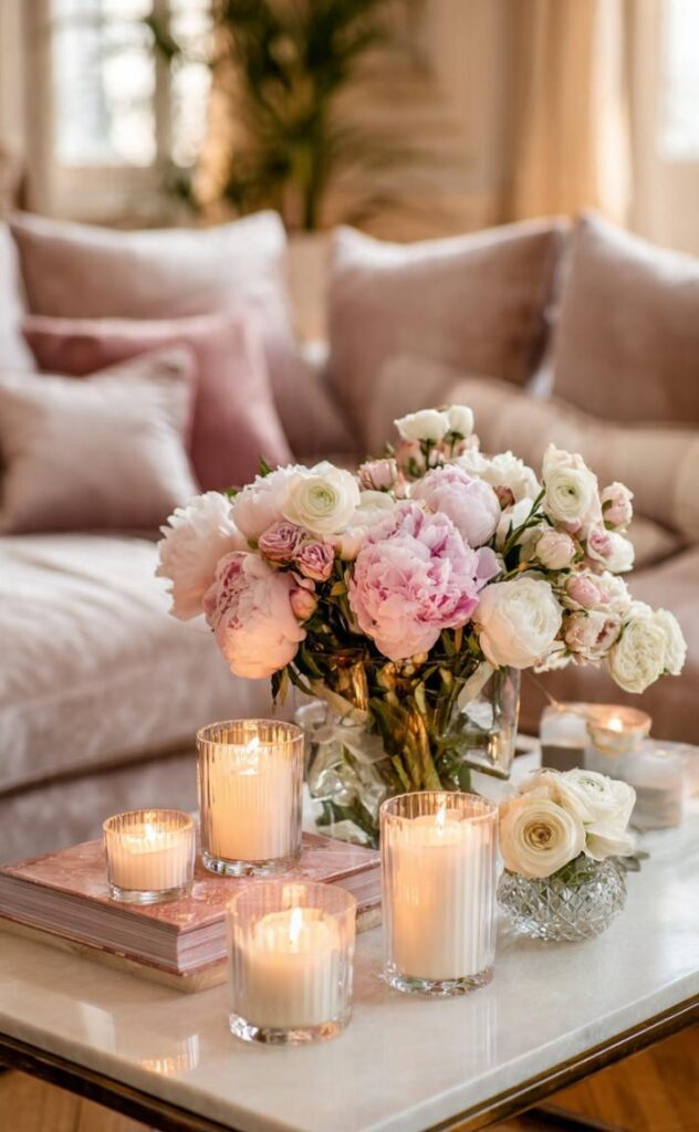 Arredare in stile parigino con dettagli decor: mazzo peonie rosa su tavolino marmo, candele profumate vetro trasparente e divano rosa.