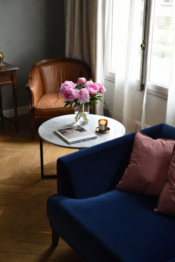Arredare in stile parigino con angolo soggiorno: divano velluto blu notte, poltrona vintage pelle, peonie rosa e tavolino marmo.