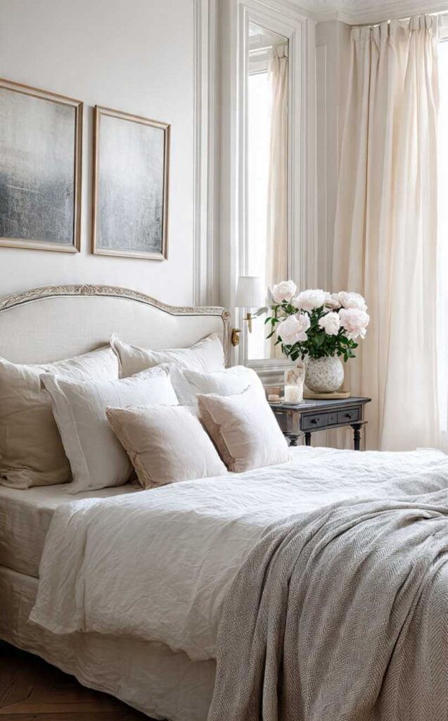 Arredare in stile parigino con camera da letto raffinata: testiera imbottita, lenzuola lino, quadri bianco/nero e tende lunghe luminose.