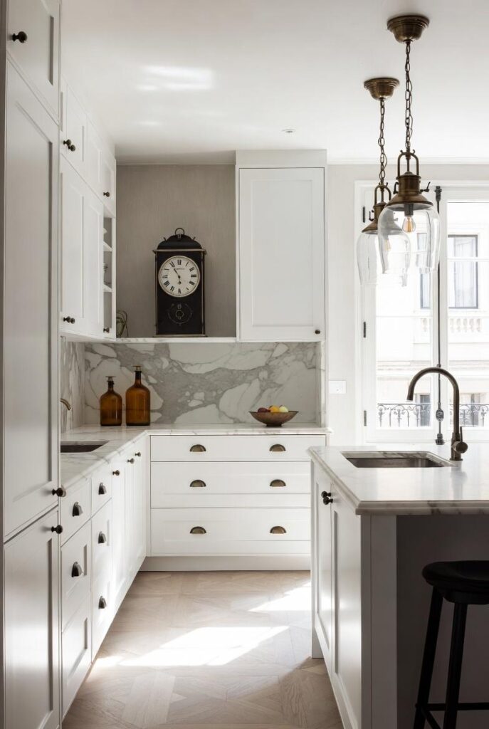 Arredare in stile parigino con cucina minimal: mobili bianchi maniglie nere, backsplash marmo, lampade ottone e orologio vintage.