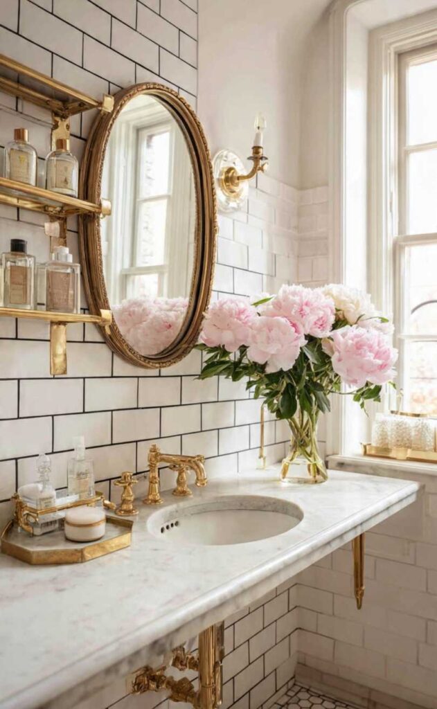 Arredare in stile parigino con bagno elegante: piastrelle bianche fughe nere, specchio ovale dorato, lavabo marmo e profumi francesi