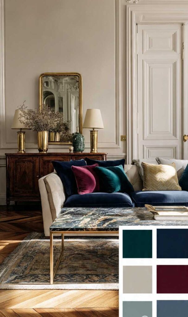 Arredare in stile parigino con palette colori: pareti neutre, divano cuscini bordeaux/blu navy, metalli dorati e parquet classico
