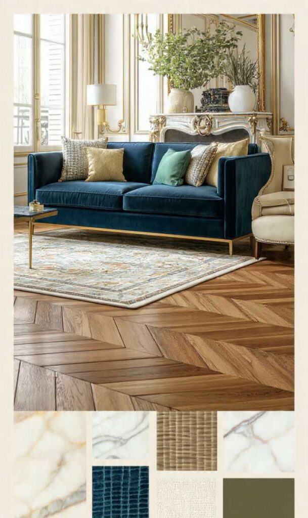 Arredare in stile parigino con soggiorno mix stili: divano velluto blu, credenza antiquariato dorata, parquet e palette texture marmo/lino.
