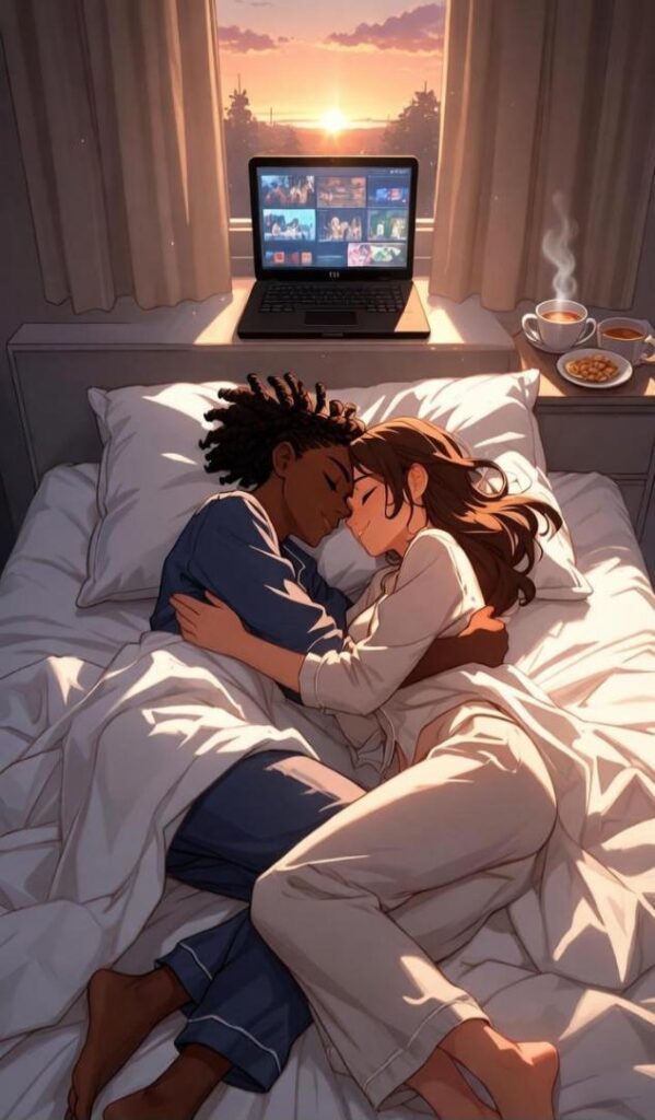 Coppia giovane abbracciata a letto durante il bed rotting, con laptop serie TV, tazze tè e luci tramonto cozy, trend Gen Z relax romantico