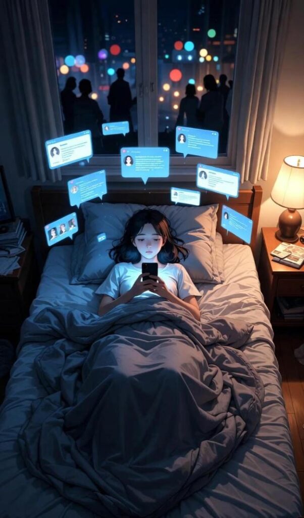 Ragazza sola a letto durante bed rotting notturno, circondata da bolle chat smartphone e mondo reale sfocato fuori finestra, trend Gen Z isolamento emotivo 