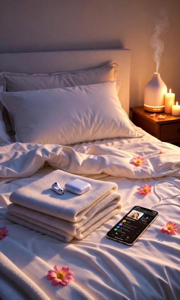 Letto accogliente per bed rotting con candele accese, diffusore aromi, auricolari wireless e smartphone playlist soft, setup self-care rilassante Gen Z