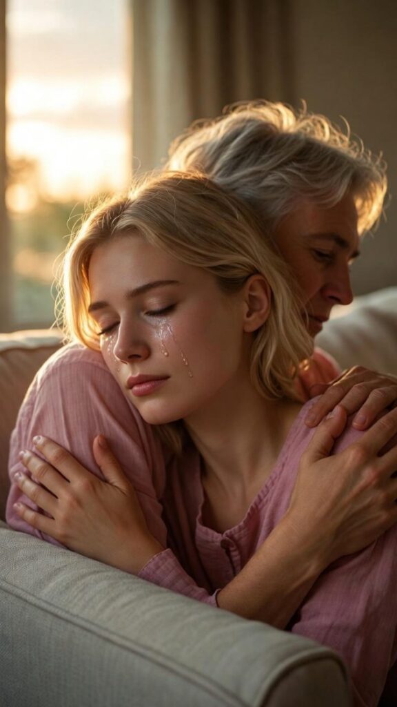 Benefici del pianto: abbraccio empatico donna che piange connonno su divano al tramonto, connessione emotiva rafforza legami sociali