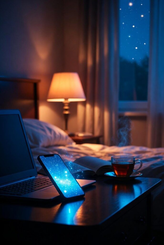 Comodino con smartphone e laptop spenti, tisana e libro per dormire bene, come fare per svegliarsi presto la mattina