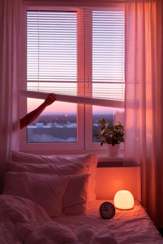 Mano che apre tapparelle all'alba per luce naturale, sveglia sul letto, come fare per svegliarsi presto la mattina 