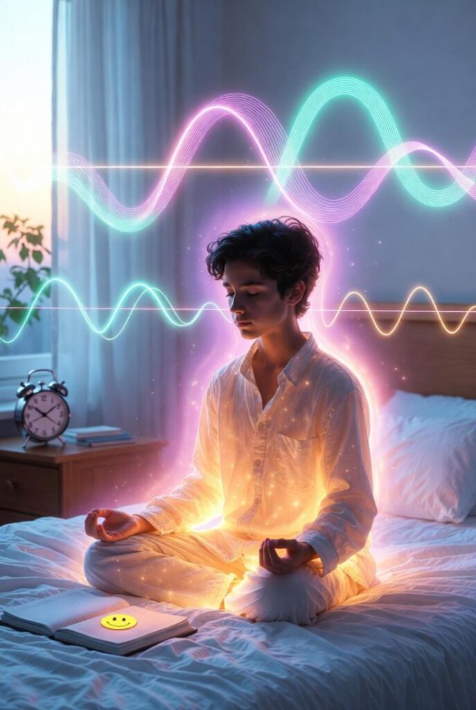 Persona in meditazione sul letto con onde energia per stabilità emotiva, come fare per svegliarsi presto la mattina