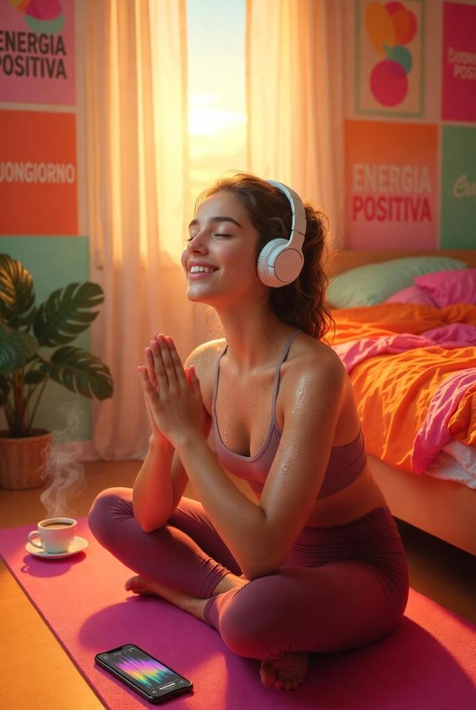 Ragazza in yoga con cuffie e caffè all'alba, trasforma risveglio in piacere, come fare per svegliarsi presto la mattina