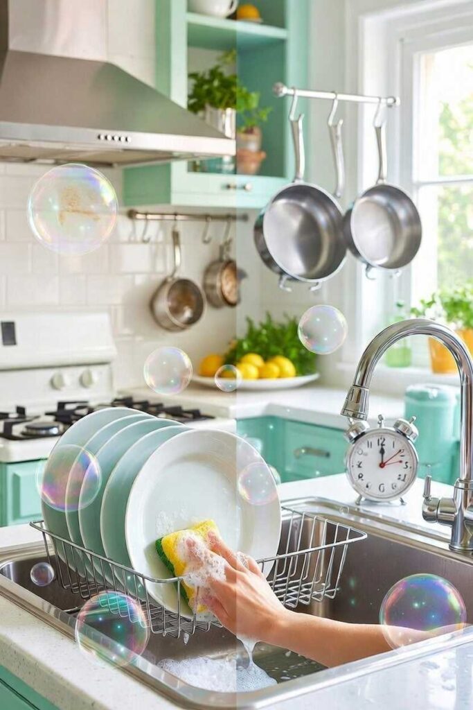 Mano che lava piatti in cucina pulita: come mantenere una casa pulita con la regola fai subito