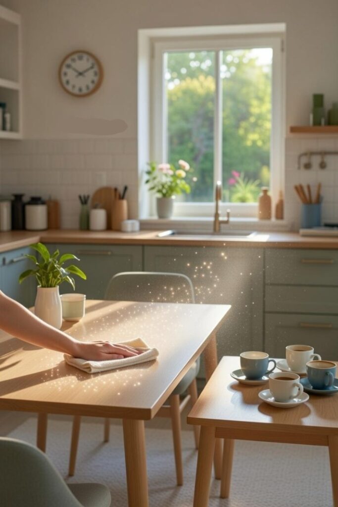 Pulizia rapida con panno su tavolo cucina: come mantenere una casa pulita e in ordine