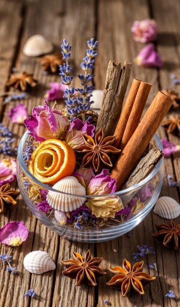 Composizione verticale pot-pourri con petali secchi, cannella, arance, anice e conchiglie - idee creative per decorazioni di pot-pourri fai da te