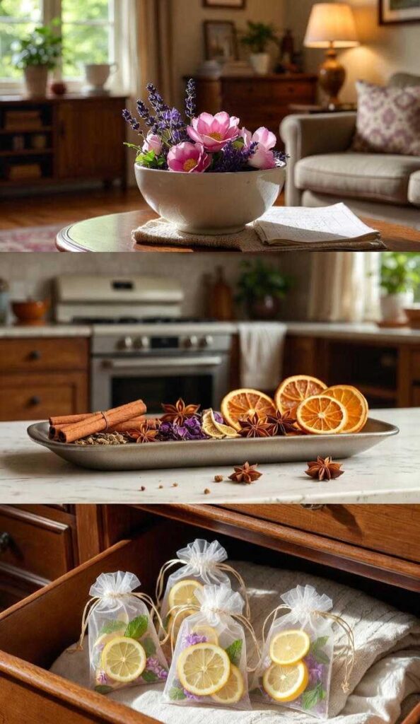 Collage verticale decorazioni di pot-pourri stagionali: floreale su tavolino, speziato su bancone cucina, sacchetti agrumati in cassetto armadio
