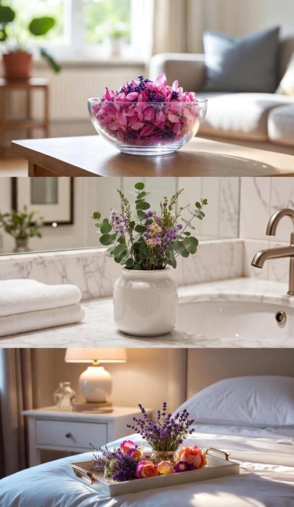 Collage decorazioni di pot-pourri in salotto su tavolino, bagno su lavabo e camera su comodino - idee collocazione casa
