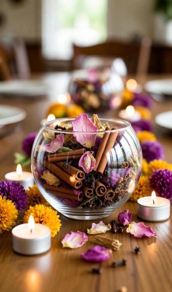 Centrotavola decorazioni di pot-pourri con petali, cannella, spezie e candeline su tavolo da pranzo - idea scenografica