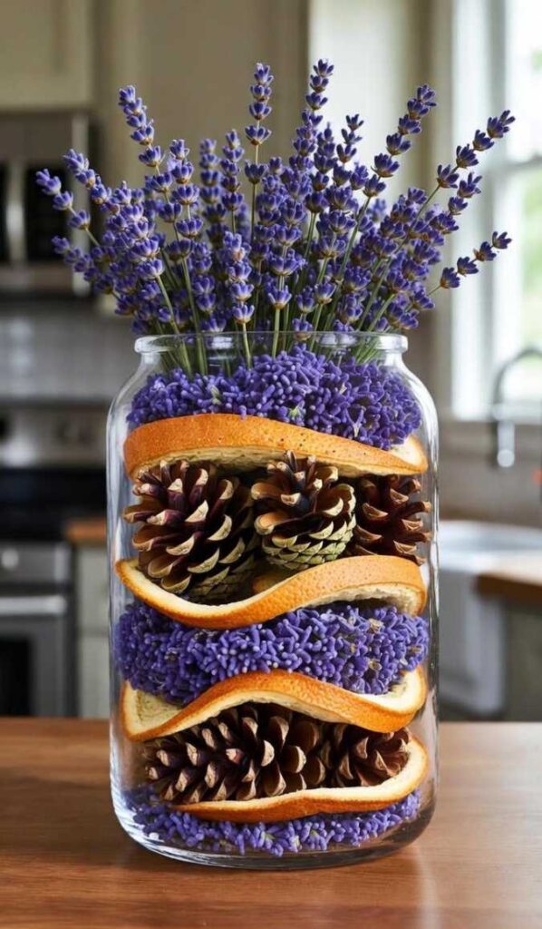 Vaso vetro stratificato decorazioni di pot-pourri con lavanda, scorze arancia e pigne - idea rustica per cucina