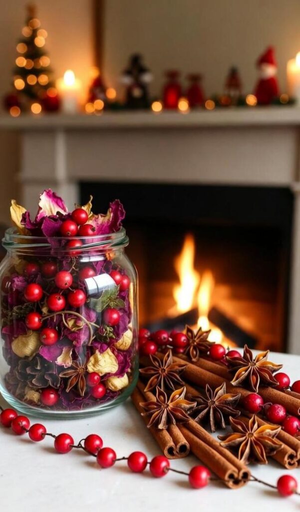Decorazioni di pot-pourri natalizie con bacche rosse, cannella, anice e petali davanti camino - idea festiva
