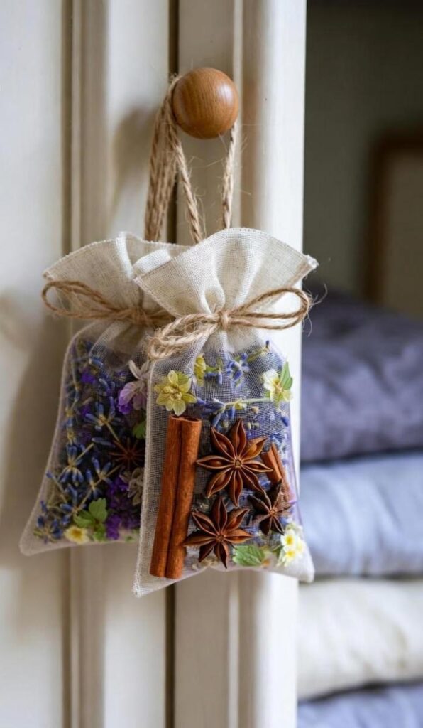 Sacchettini lino decorazioni di pot-pourri appesi a maniglia con lavanda, spezie - idea per armadi