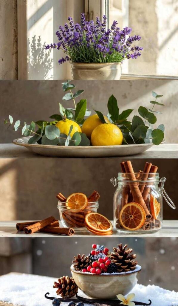 Collage verticale decorazioni di pot-pourri tematiche stagionali: lavanda, agrumi eucalipto, spezie, pigne vaniglia