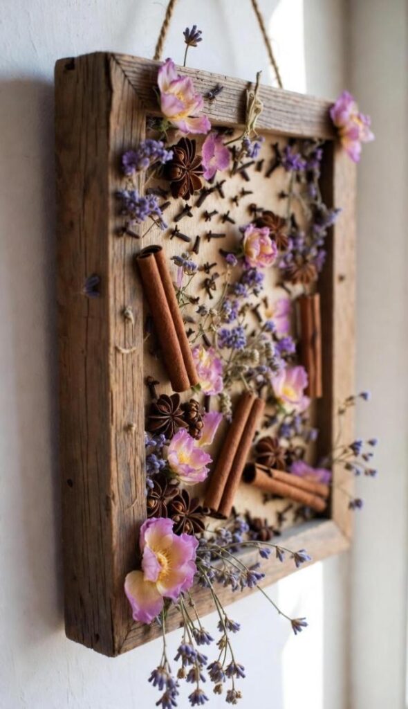 Cornice legno con decorazioni di pot-pourri petali secchi, cannella e anice - idea artigianale murale