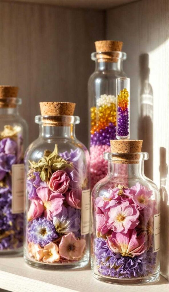 Bottigliette vetro trasparenti decorazioni di pot-pourri con petali secchi colorati - idee arredo chic